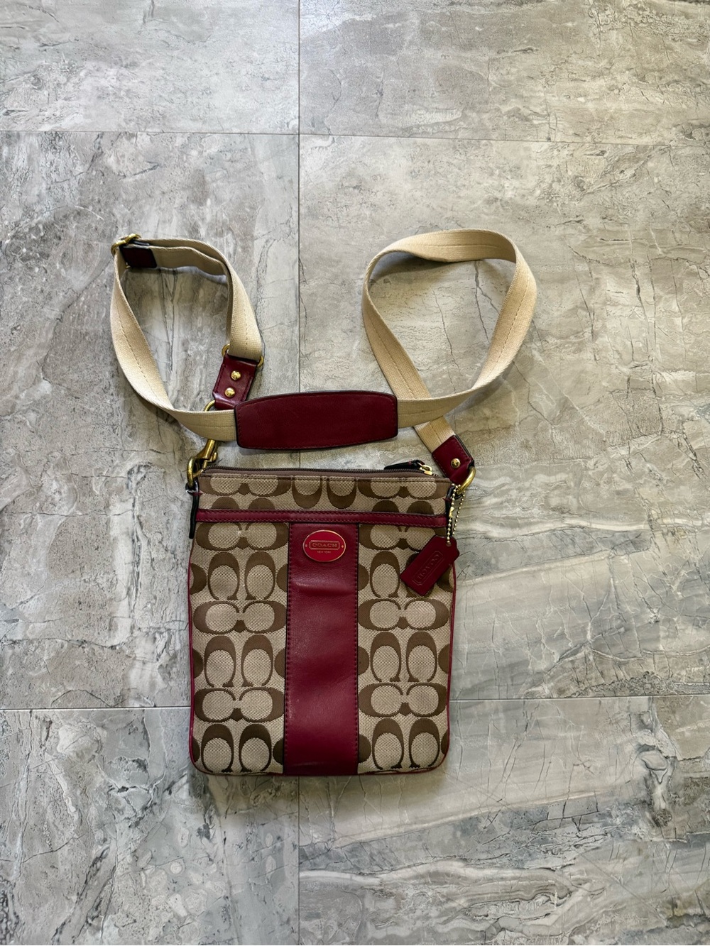 Coach Brown Signature Canvas Crossbody with Red Trim